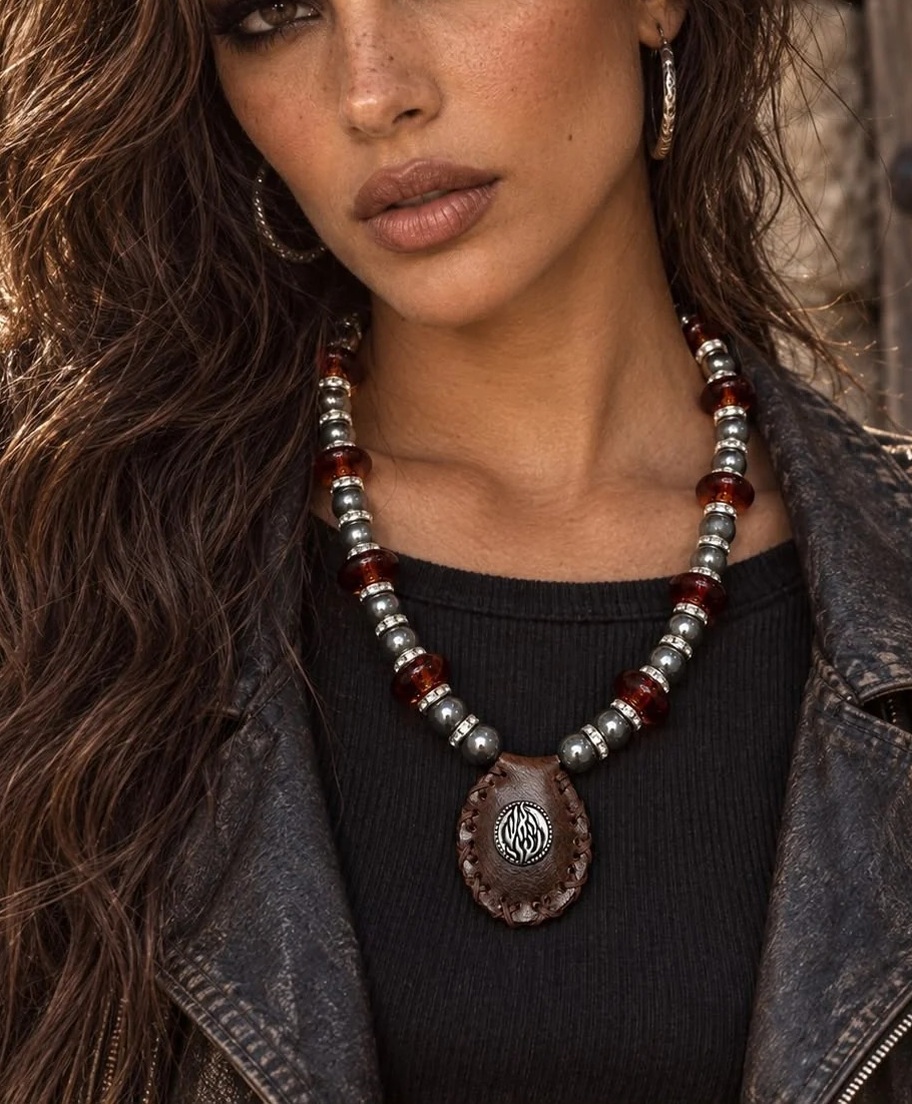 Femme portant un collier Or & Haï Paris avec Petek