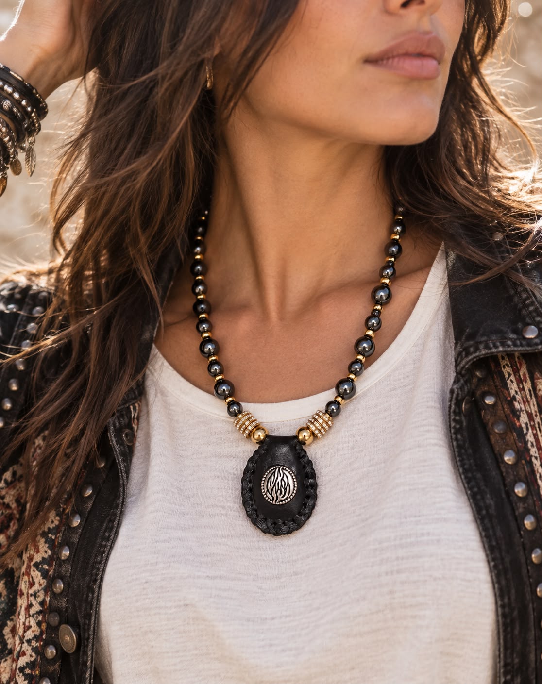 Femme portant un collier Or & Haï Paris aux tons bleu nuit et doré