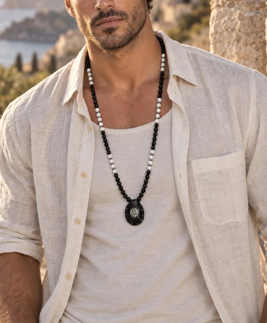 Homme portant un collier Or & Haï Paris avec Petek